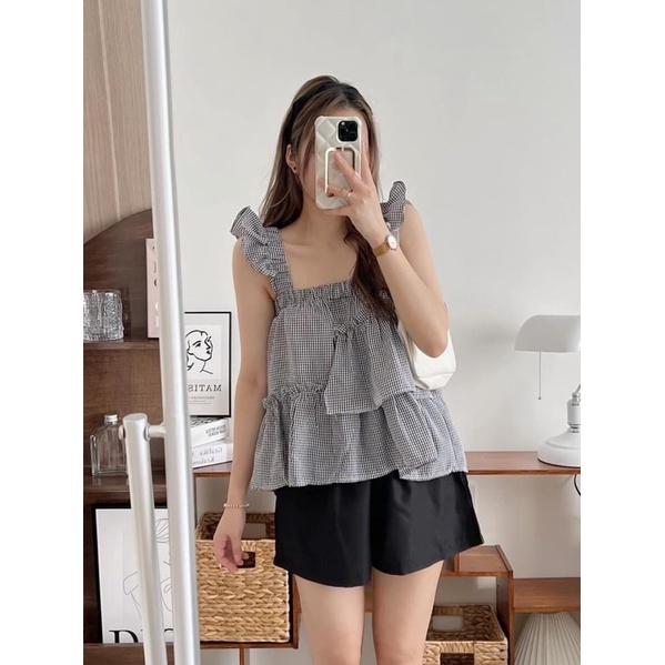 Set babydoll áo dây ngang xếp bèo 3 màu Vintage