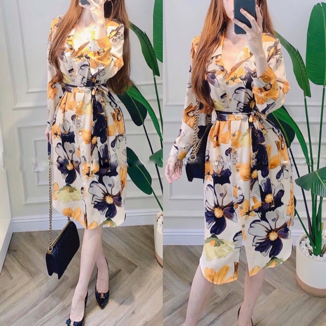 Đầm suông sơmi hoa vàng thắt eo