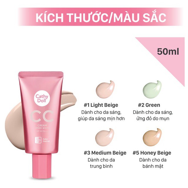 Kem nền Cathy Doll Speed White CC Cream SPF 50 PA+++ 50ml kiềm dầu, chống nắng, che khuyết điểm