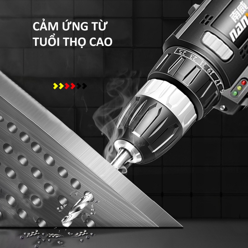 Máy khoan pin 48VF tặng kèm bộ đồ nghề D000448VF, dụng cụ khoan pin sạc, 2 pin Li-Ion 3 chế độ khoan
