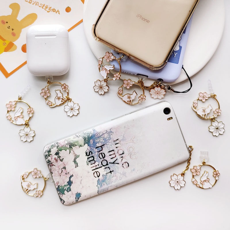 Dây Gắn Điện Thoại Jack Cắm Tai Nghe Chống Bụi Hình Thỏ Sakura Dễ Thương Cho Android