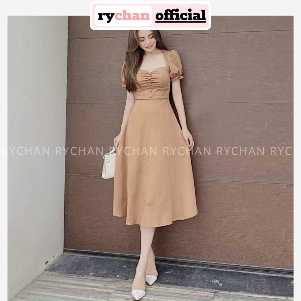 Đầm Nữ Dự Tiệc Dáng Xòe Nhúng Ngực Nút Bọc Tay Phồng Bo Thắt Eo Cực Thanh Lịch Màu Trắng Nude [ẢNH THẬT CUỐI] - DX9883
