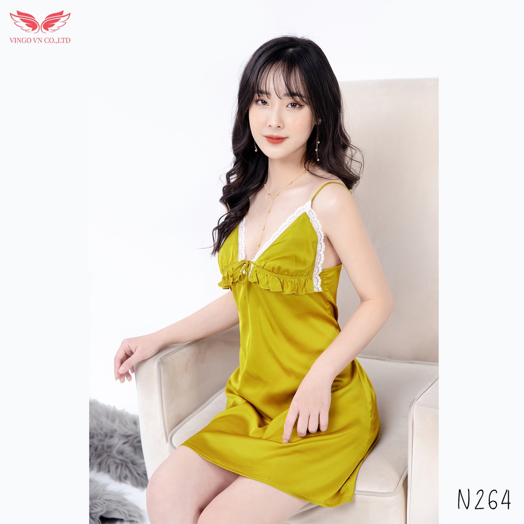 VINGO Váy Ngủ Nữ 2 Dây Lụa Pháp Cao Cấp Vàng Phối Ren Trắng Đính Nơ Ngực Gợi Cảm Tinh Tế N264 VNGO | BigBuy360 - bigbuy360.vn