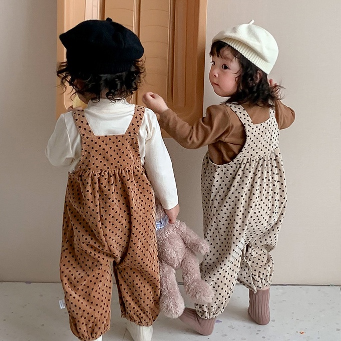 Bộ Áo Liền Quần Tay Dài Chất Liệu Cotton + Dây Đeo Họa Tiết Trái Tim Thời Trang Mùa Thu