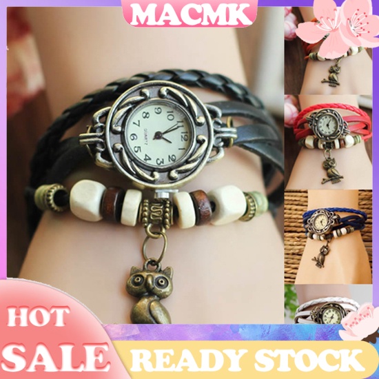 MACmk Women Retro Braided Faux Leather Bracelet Owl Decor Beaded Quartz Wrist Watch