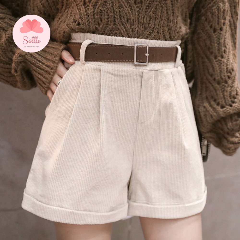 Quần short nữ dạ quần sooc đùi nhung tăm cạp cao kèm đai thắt lưng ấm đẹp Hàn Quốc Sollle