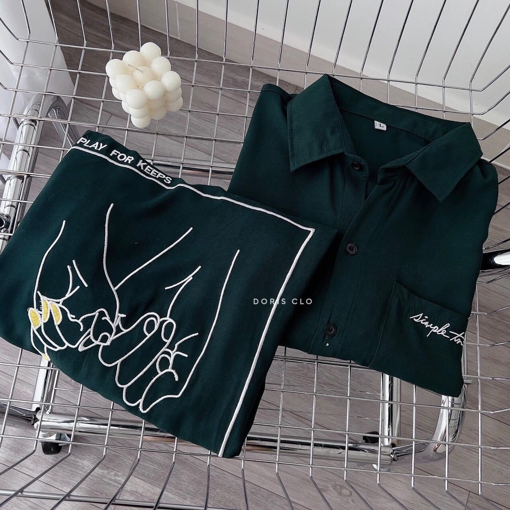 Sơ Mi Xanh Lá Tay Lỡ Thêu Hình Dáng Rộng Bàn Tay Tình Nhân Nam Nữ Unisex