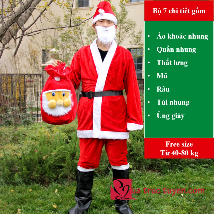 Bộ quần áo ông già noel người lớn vải nhung 7 phụ kiện đầy đủ (cỡ 40-80kg)