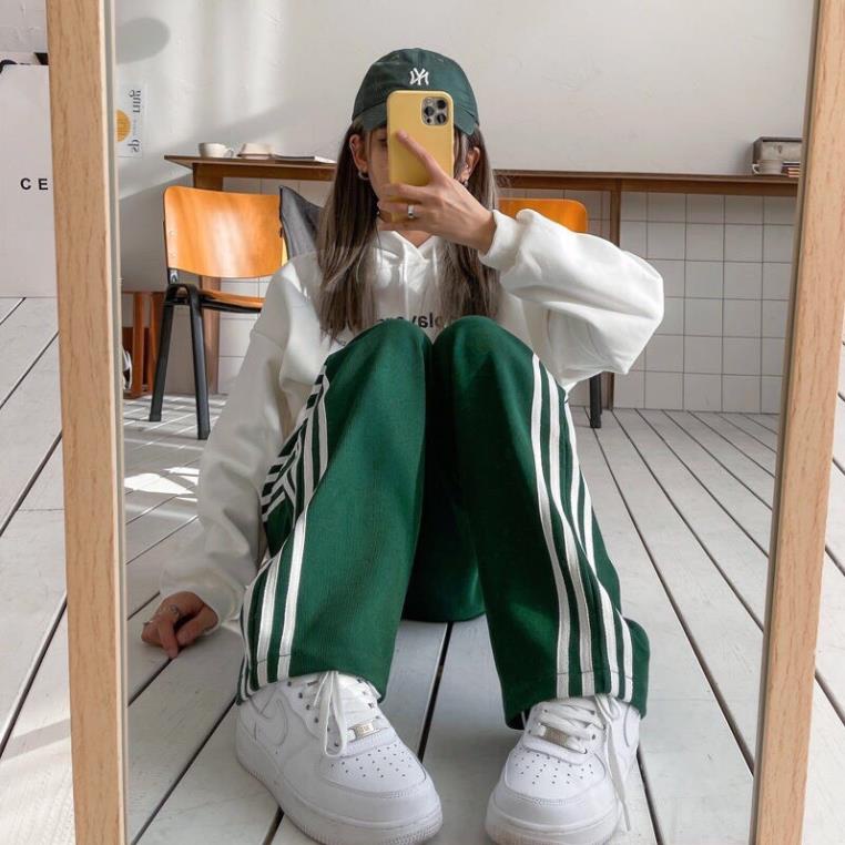 [NEW] Quần ống rộng 4 sọc Xanh Unisex, quần dài cạp chun có dây rút điều chỉnh eo chất nỉ da cá co dãn dày dặn mặc 4 mùa