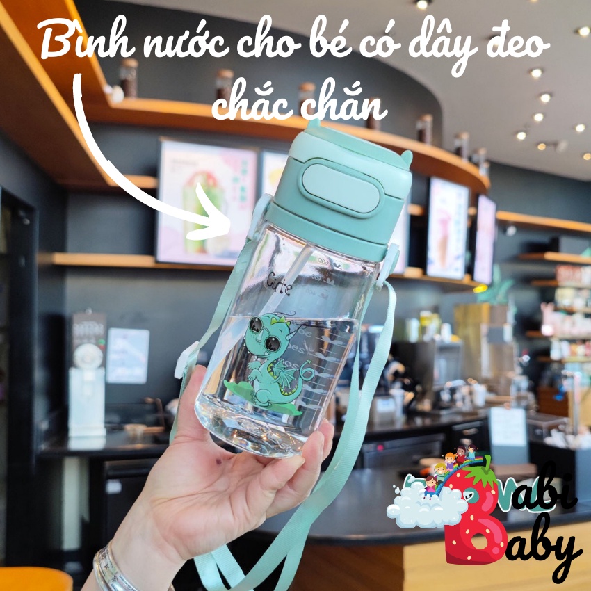 Bình nước học sinh 550ml chịu nhiệt nắp bật có dây đeo tiện dụng an toàn cho bé đi học nhiều hình đáng yêu