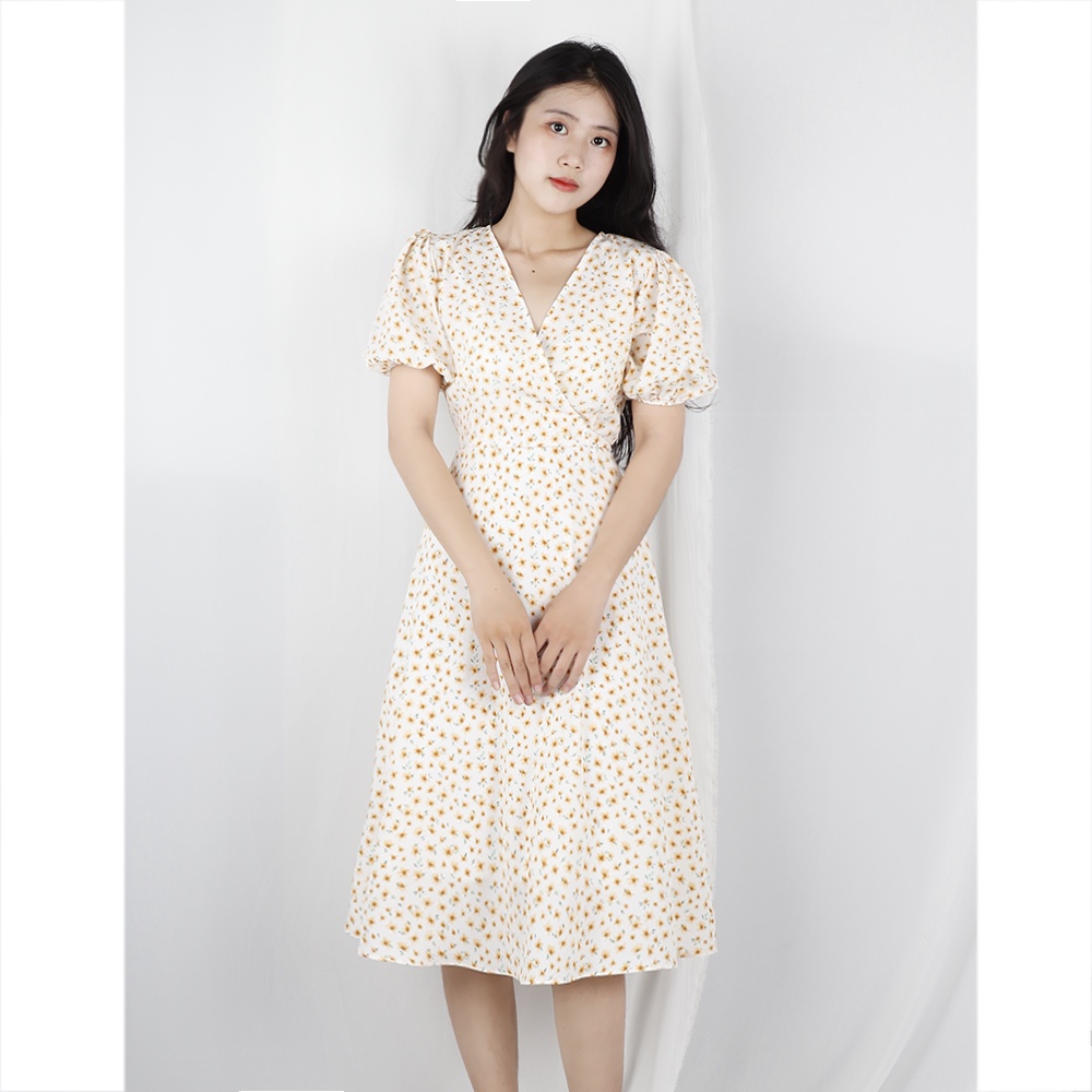 Đầm váy nữ hoa nhí dáng dài, cổ chéo dễ thương, xinh xắn Rolisa RD049 màu cam hồng