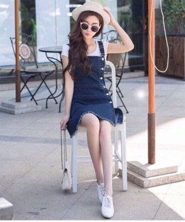 Yếm jean 2 dây nút cài 1 bên