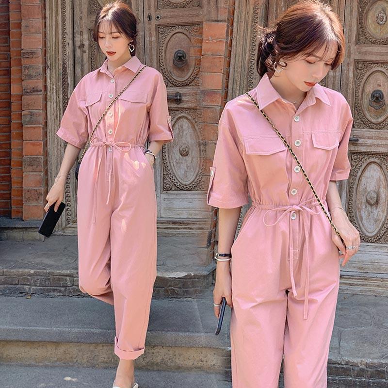 Jumpsuit Lưng Cao Ống Rộng Màu Hồng Phong Cách Pháp Cao Cấp