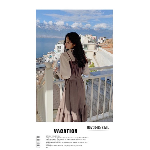 Bán sỉ váy xoè đuôi cá vintage kèm đai màu nâu dài 103cm