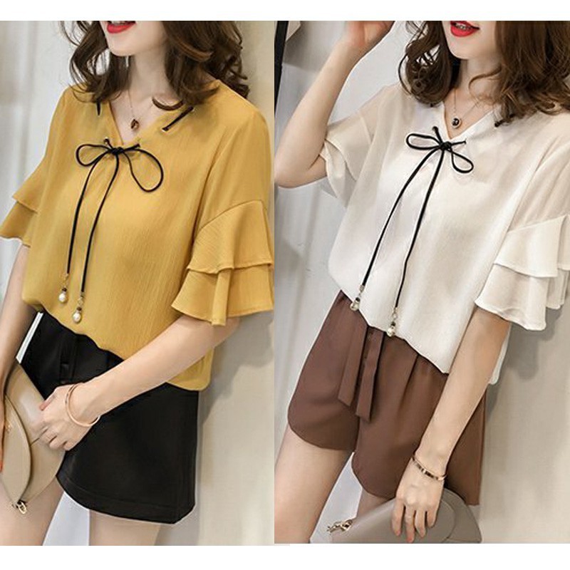 Áo Chiffon Nữ Tay Loe Cổ Chữ V Phong Cách Hàn Quốc