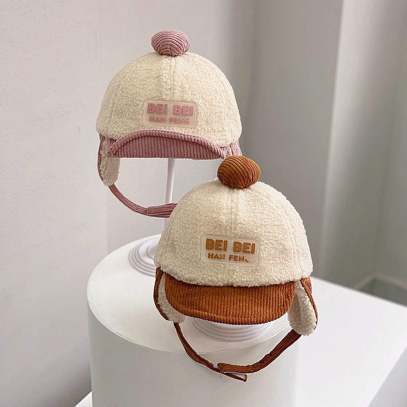 Mũ lưỡi trai vải lông mềm mại giữ ấm tai thời trang thu đông cho bé