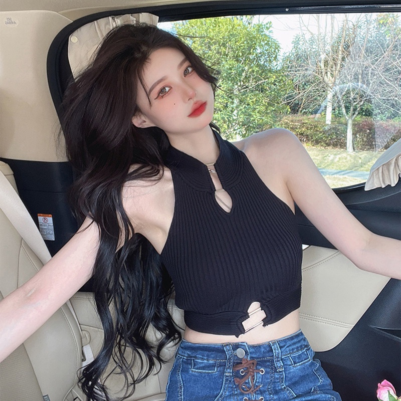 Áo Croptop Dệt Kim Không Tay Màu Trơn Dáng Ôm Gợi Cảm Cho Nữ