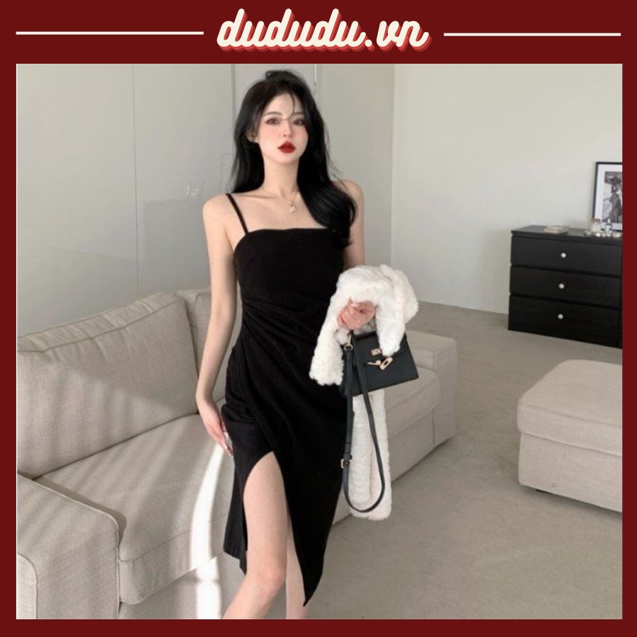 Váy Hai Dây Màu Đen Màu Nâu Ôm Dáng Xẻ Tà Thời Trang Xuân Hè Cho Nữ