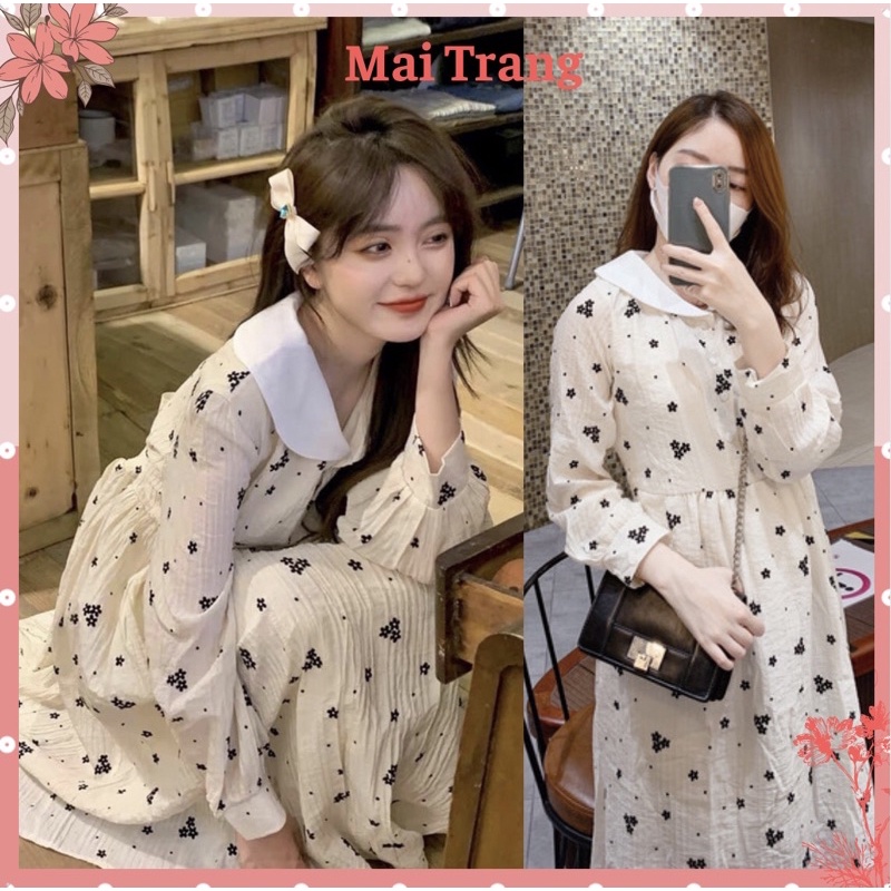 Váy hoa nhí vintage dáng dài tiểu thư, Đầm babydoll 2 lớp cổ sen buộc nơ bánh bèo Maitrangshop92 – (TTA81)