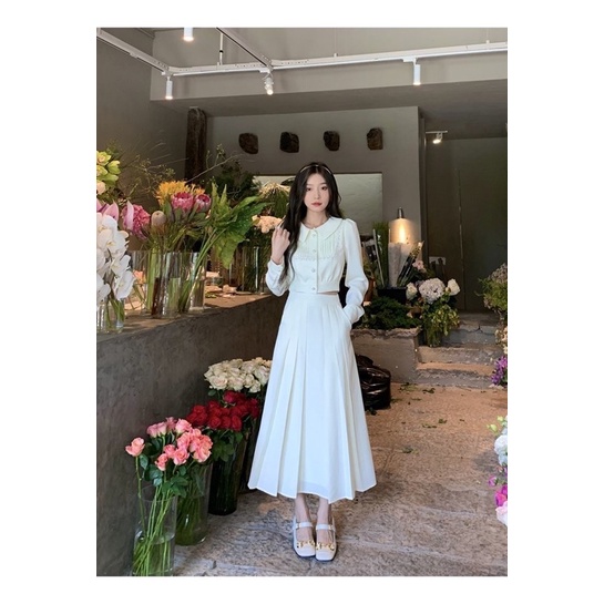 🌷 Set áo & chân váy dài xếp ly cúc ngọc thanh lịch tiểu thư