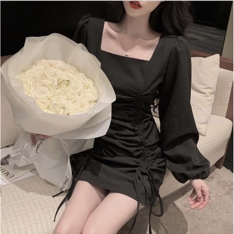 Đầm kiểu ngắn nữ ôm sát body dây rút hông tay dài phồng trơn cổ vuông - Order taobao quảng châu