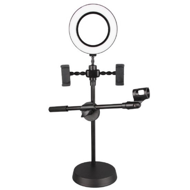 Chế Đế Kẹp 2 Điện Thoại Và Mic Kèm Đèn Led Siêu Sáng Dùng Cho Livestream Chuyên Nghiệp