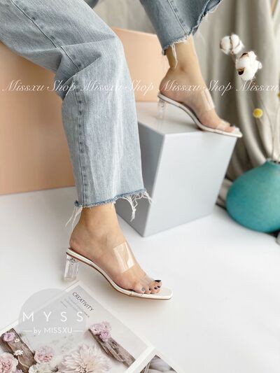 Giày guốc nữ 2 quai trong phối gót trong suốt 5cm thời trang MYSS - SU115