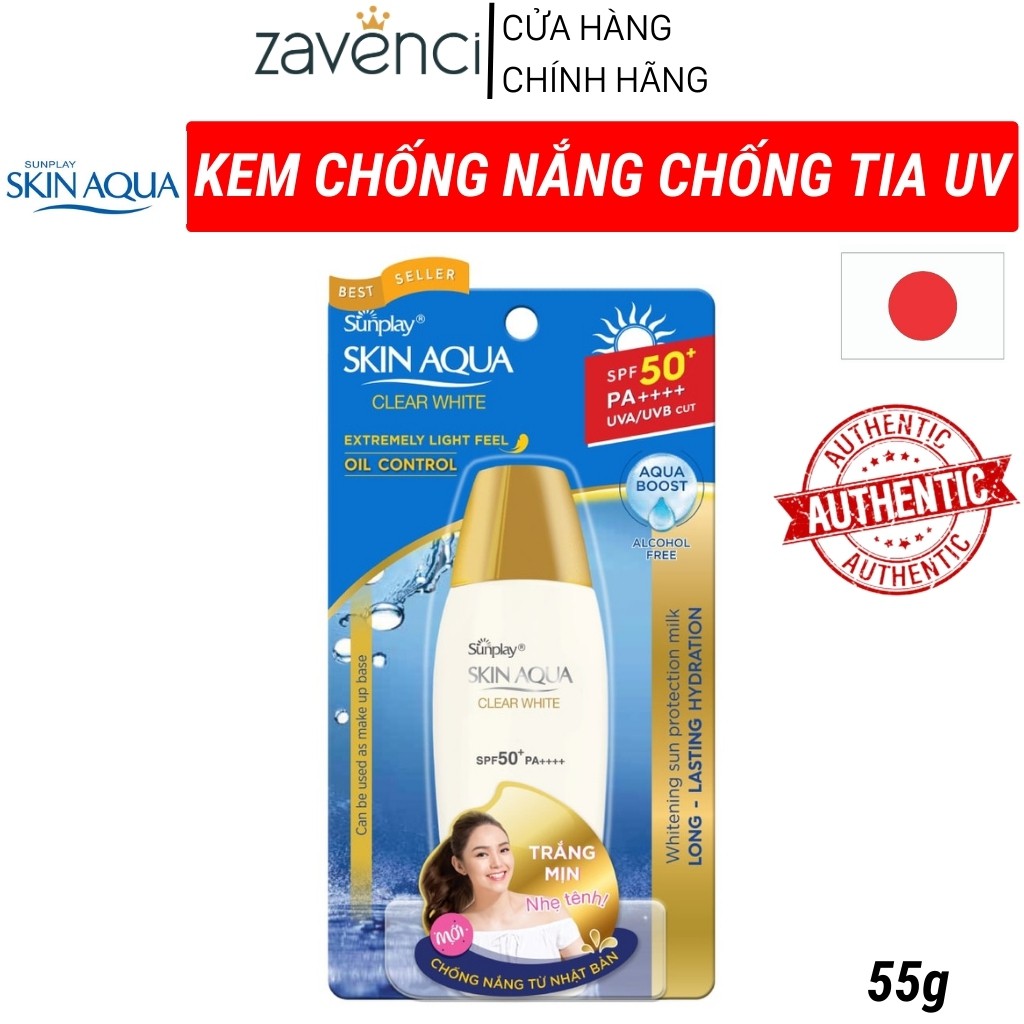 Kem chống nắng KCN13476384 SKIN AQUA CLEAR WHITE Giúp Da Chống Tia UV SPF50+ Không Cồn Dưỡng Da Trắng Mịn (55g)