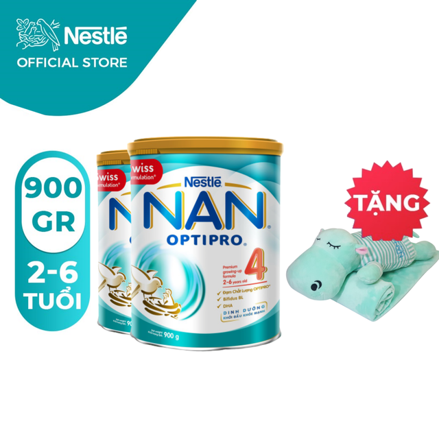 [Mã FMCGHOT giảm 5% đơn 250000][Tặng Bộ Gối Mền Hà Mã] Combo 2 Lon Sữa Bột Nestle NAN Optipro 4 (900g/hộp)&lt;br&gt;