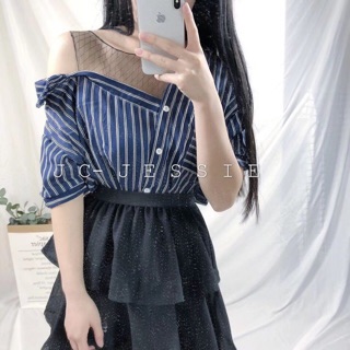 Áo sơ mi lệch vai pha lưới
