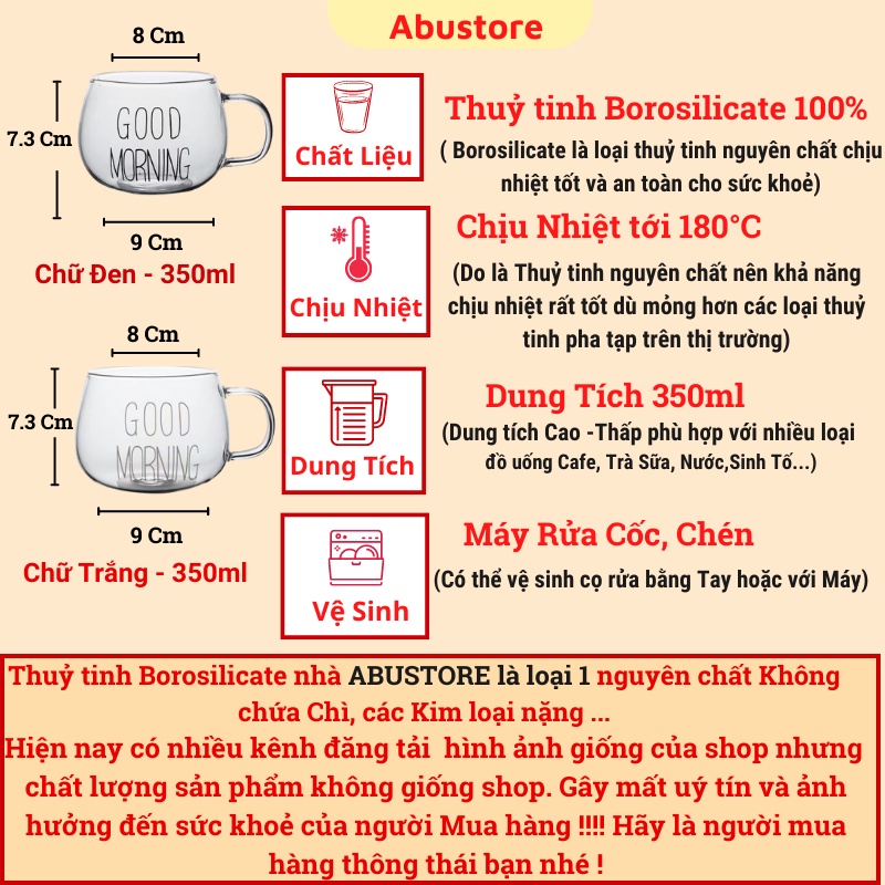 Ly thủy tinh GOOD MORNING cute dễ thương 350ml chiu nhiệt Cốc thủy tinh uống nước HOTREND hiện nay ABUSTORE