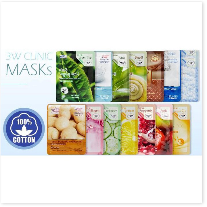 [Mã giảm giá] Bộ 10 gói Mặt nạ dưỡng da trà xanh 3W Clinic Fresh Green Tea Mask Sheet