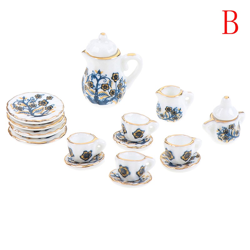 Bộ tách ấm trà kích thước 1:12 gồm 15 món dùng để trang trí nhà búp bê