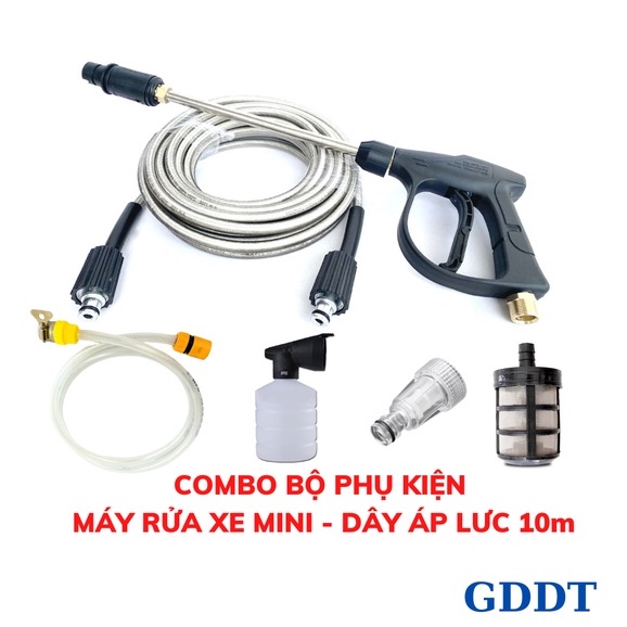 Bộ Phụ kiện máy rửa xe, Phụ kiện máy rửa xe mini, Dây áp lực 10m, 15, 20m