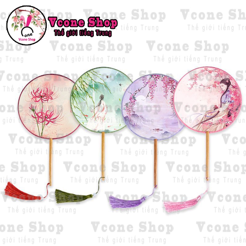 Quạt tròn cổ trang mẫu cầm tay cán dài in hình hoa bỉ ngạn phong cảnh ngày xuân thiếu nữ gắn dây tuyến