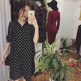 Áo sơ mi chấm bi dáng dài