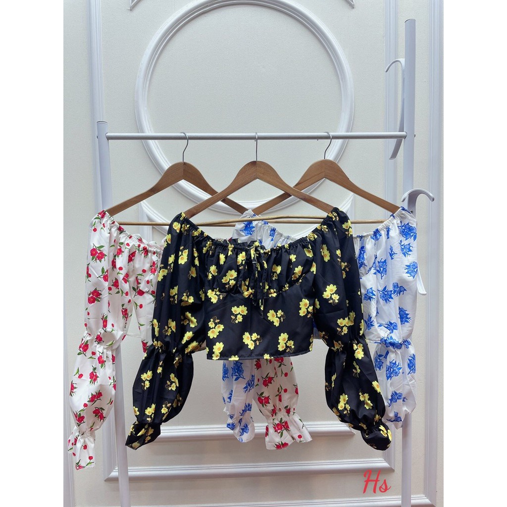 Áo Croptop Hoa Trễ Vai Dài Tay Chất Đũi Lụa Phong Cách Cá Tính Thời Trang Có Ảnh Thật Và Video M.Store