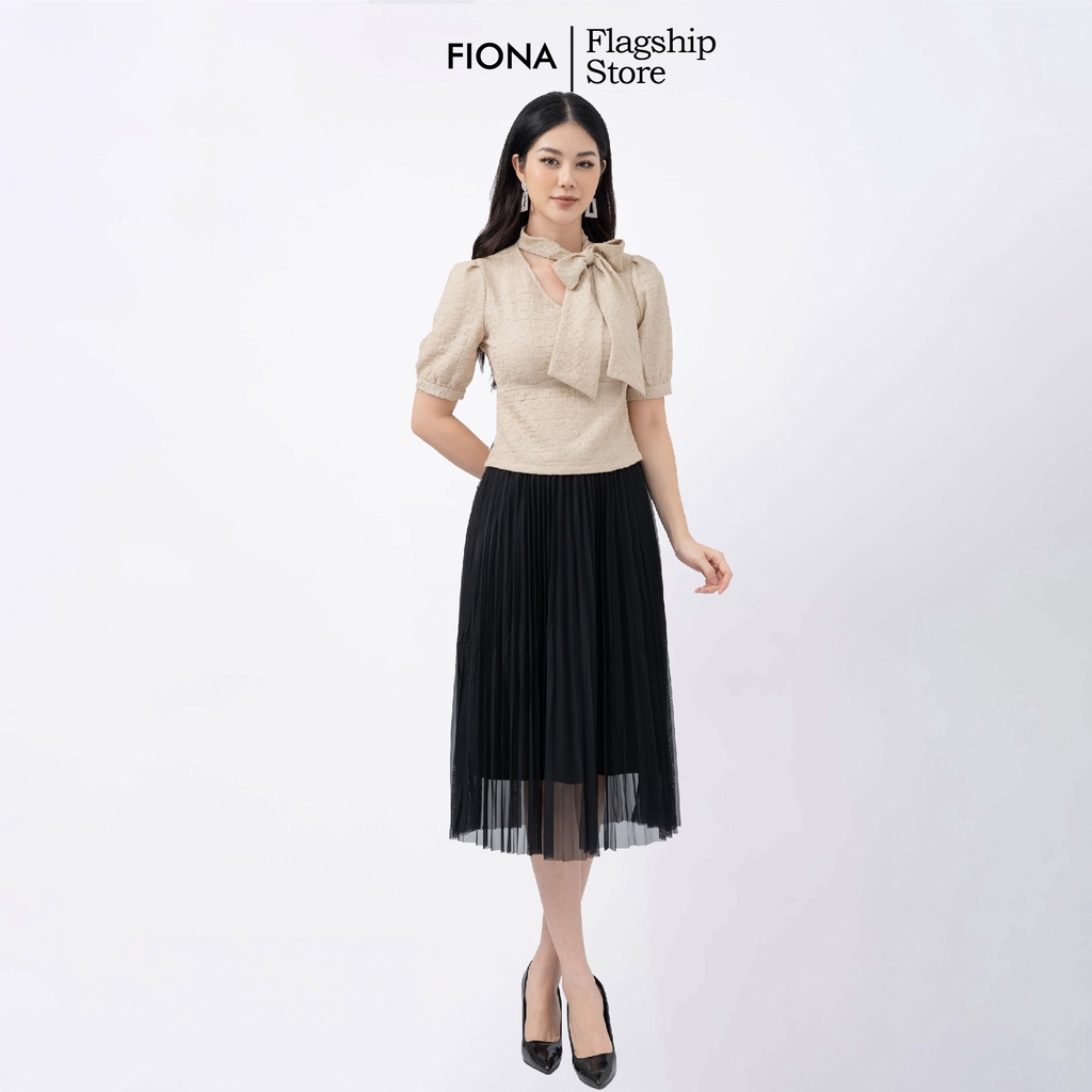 Áo sơ mi croptop cổ tim Fiona, Sơ mi nữ công sở kẹp nơ trang trí F551306