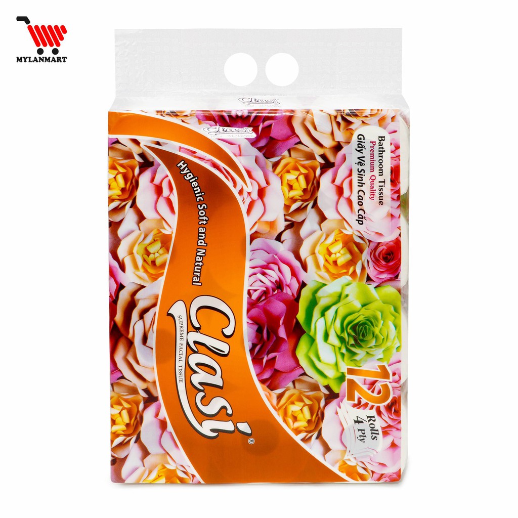 Giấy Vệ Sinh Clasi Hoa Hồng 4 Lớp Mylan (12 Cuộn/1.7kg/Xách) siêu dai, mềm mịn, tan nhanh trong nước