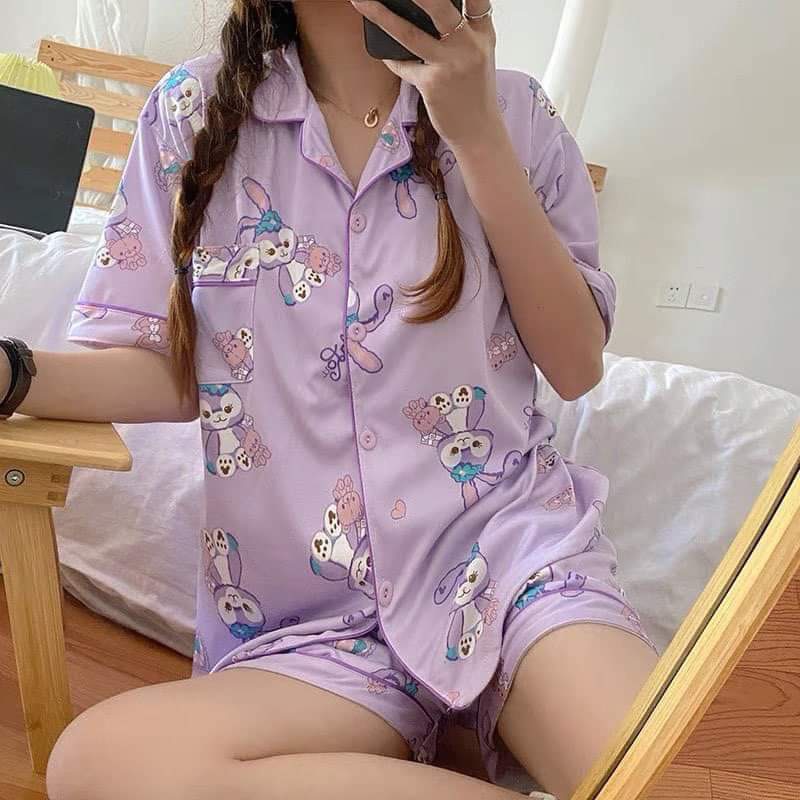 Đồ bộ nữ pijama quần đùi cổ sen họa tiết cute dễ thương chất liệu lụa cao cấp