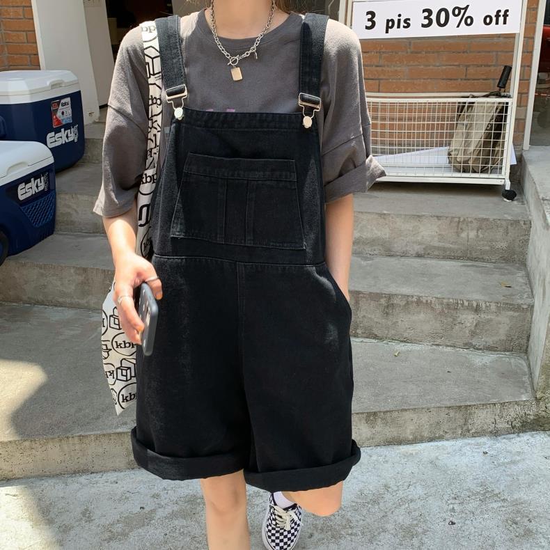 Quần Yếm Denim Ngắn Dáng Rộng Phong Cách Retro Nhật Bản Ngọt Ngào Cho Nữ