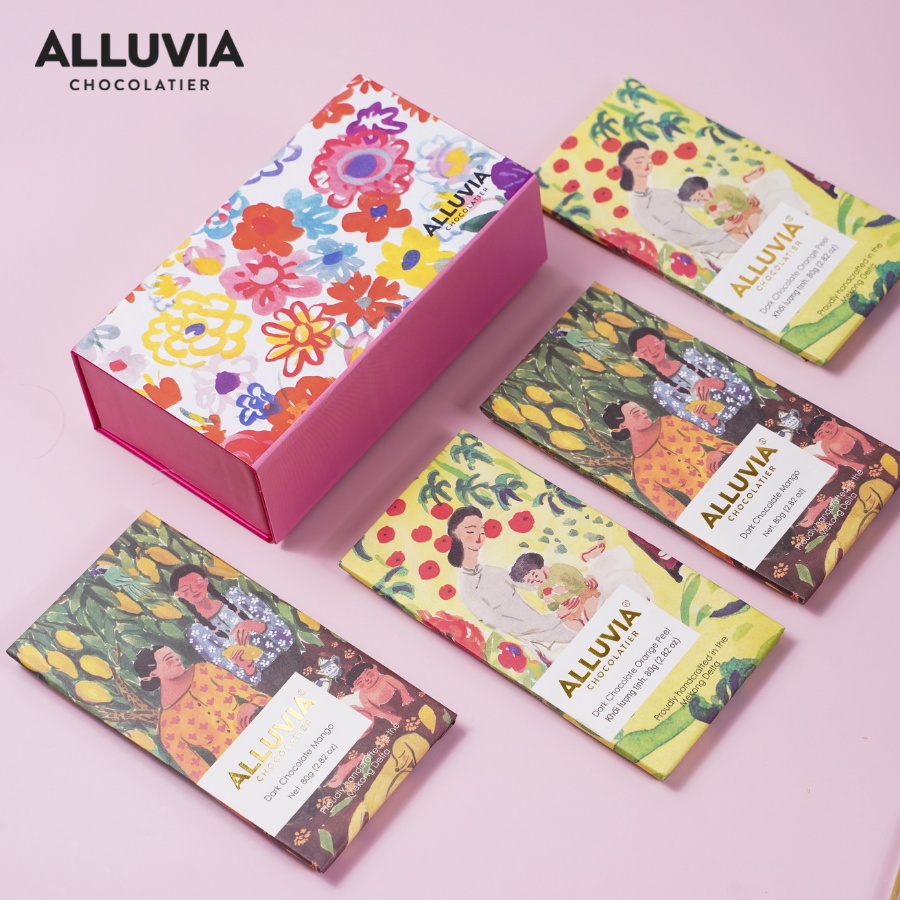 Hộp quà tặng chocolate "Floral" Alluvia Chocolate gồm 4 thanh socola 80 gram
