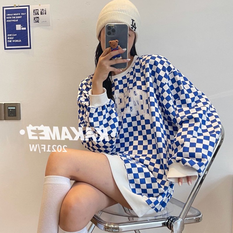 Áo sweater dáng rộng họa tiết sọc caro phong cách Hàn quốc