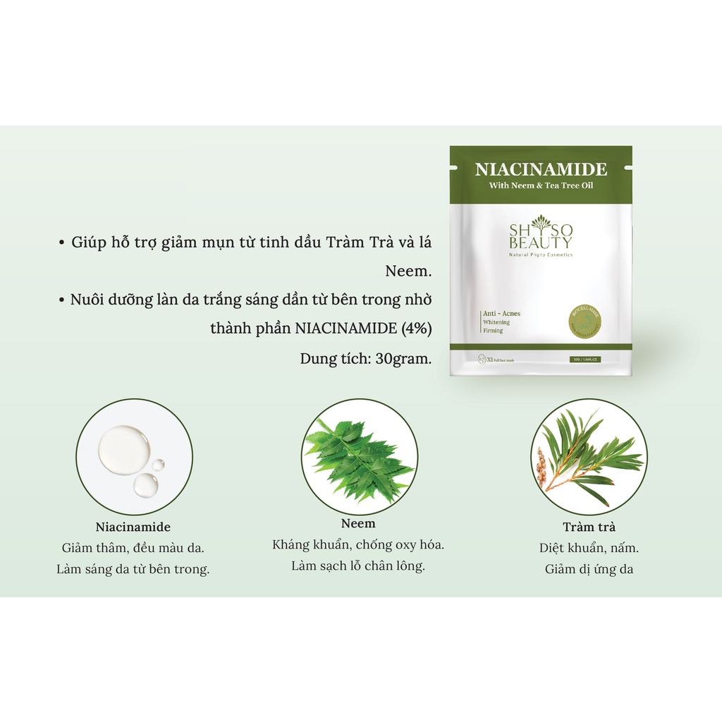 Hộp 5 miếng mặt nạ SHSO Beauty Biocell Niacinamide 4% dành cho da mụn, chiết xuất lá Neem và tinh dầu tràm