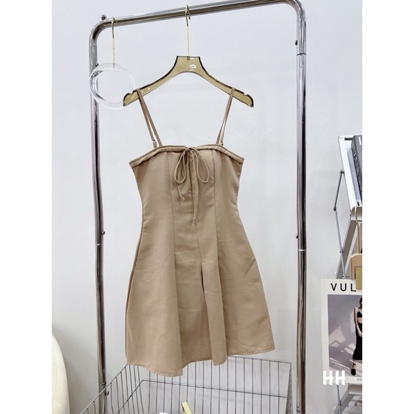 Đầm nude dây cột nơ ngực xếp ly