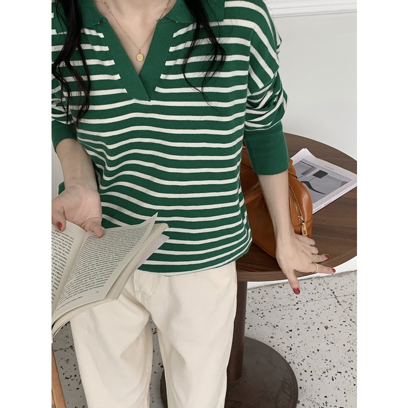 Áo Len Tay Cánh Dơi Cổ Chữ V Họa Tiết Kẻ Sọc Màu Sắc Tương Phản Phong Cách Hàn Quốc Thời Trang Mùa Thu