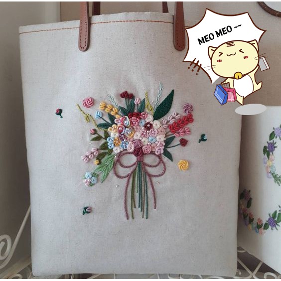 DIY Bộ kit nguyên liệu túi thêu TOTE/ TÚI SÁCH hoa lá vintage tự thêu đầy đủ handmade MEO SHOP