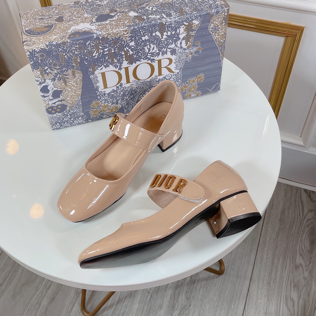 Giày gót vuông 3 phân giày da Nữ dior Da Mềm Fullbox