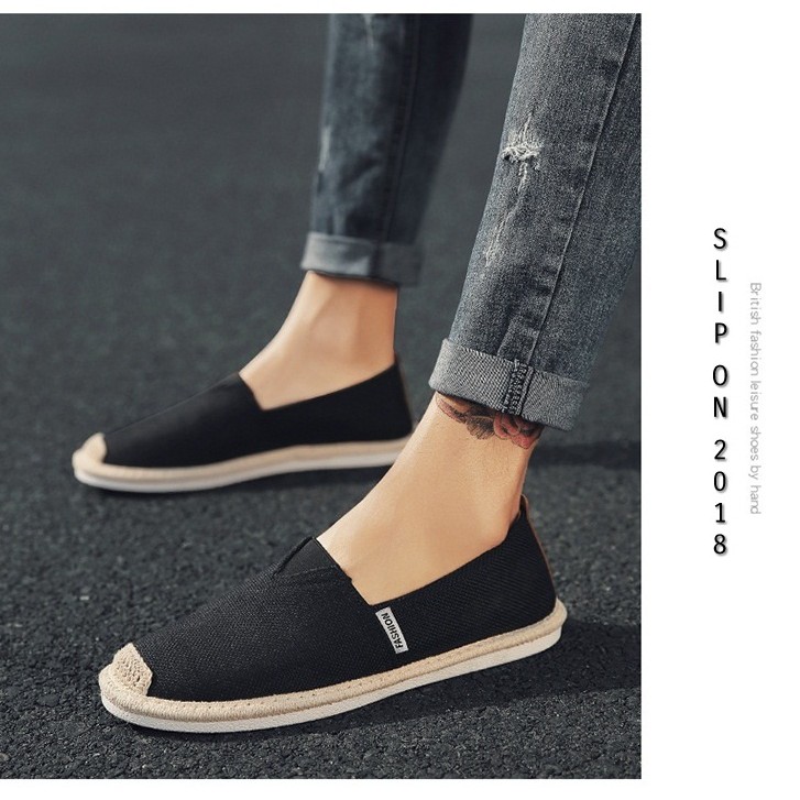 Slip on nam - Giày lười vải nam cao cấp - Vải bố màu đen, mũi cói - Mã SP 2905