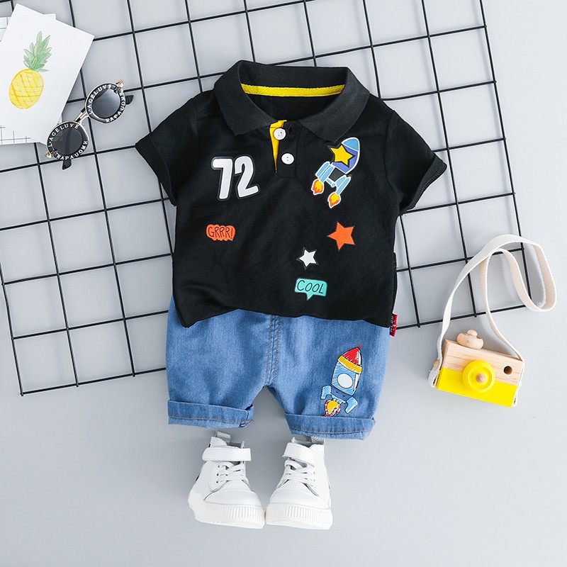 ❀1-3T/2Pcs/Children Summer Lapel Cartoon Printed Long Sleeve T-shirt Casual Tops+Pants